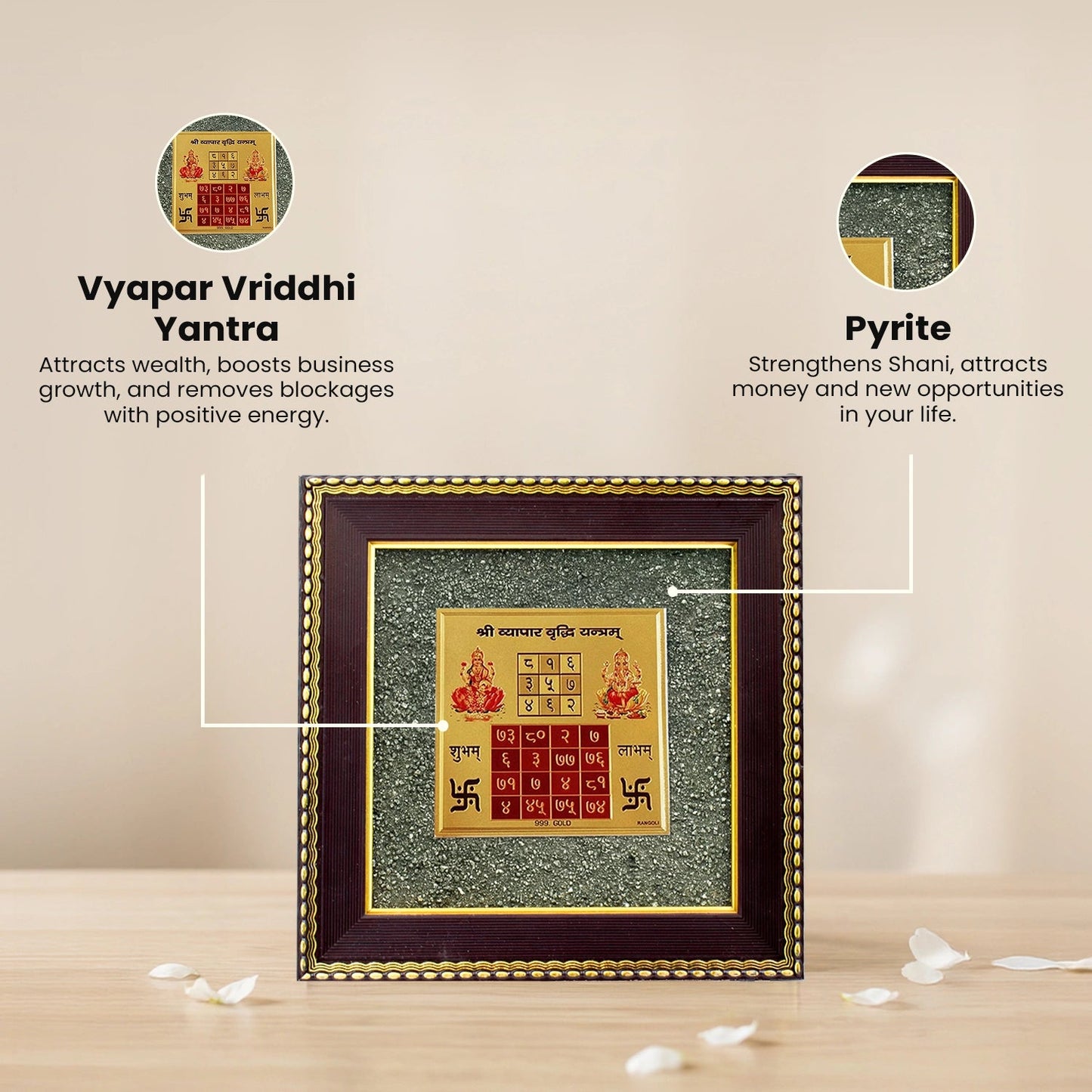 Vyapar Vriddhi Yantra Raw Pyrite Crystal Artwork – Wealth & Success Wall Frame
