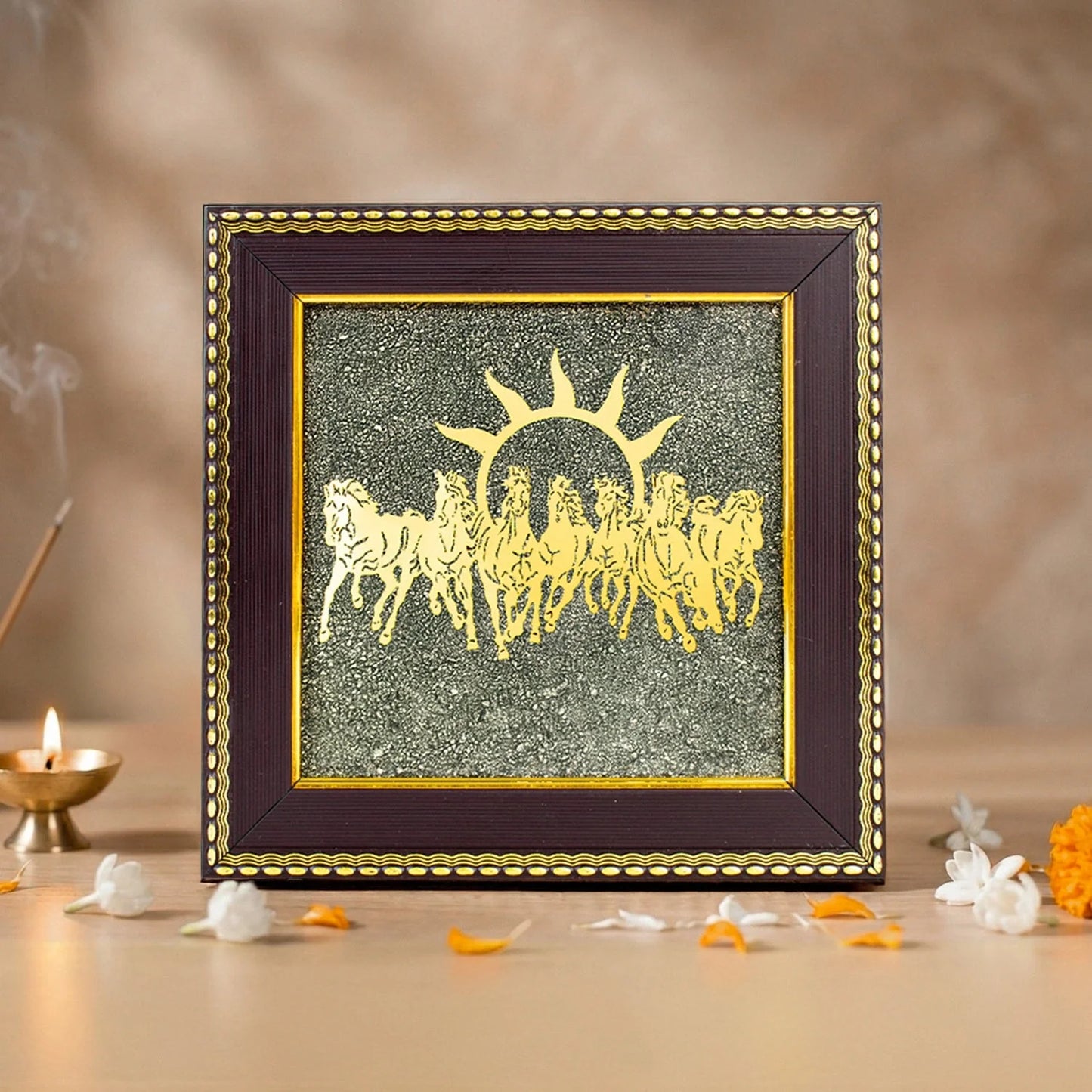 7 Horses Raw Pyrite Crystal Artwork – Wealth & Success Wall Frame