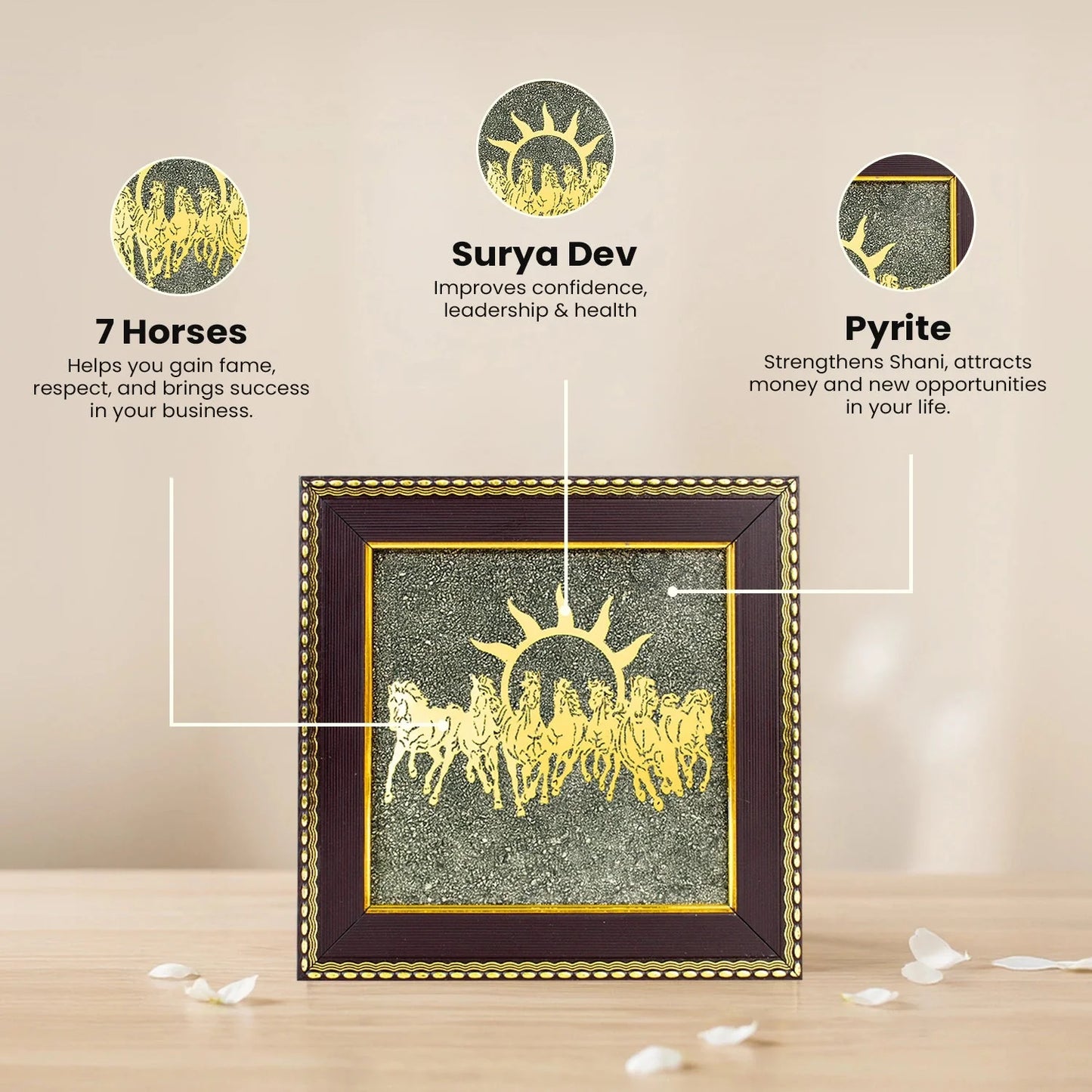 7 Horses Raw Pyrite Crystal Artwork – Wealth & Success Wall Frame