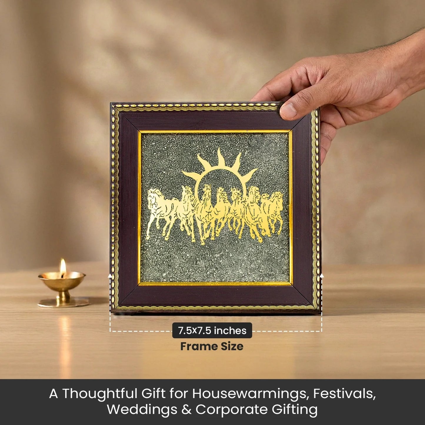 7 Horses Raw Pyrite Crystal Artwork – Wealth & Success Wall Frame